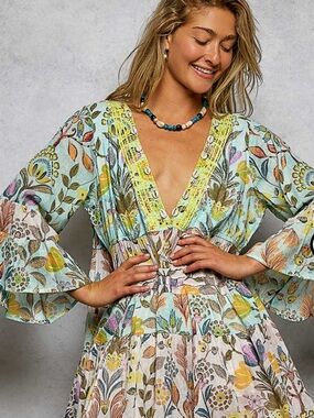 POL Floral Maxi Dress in Light Blue, Yellow, Green